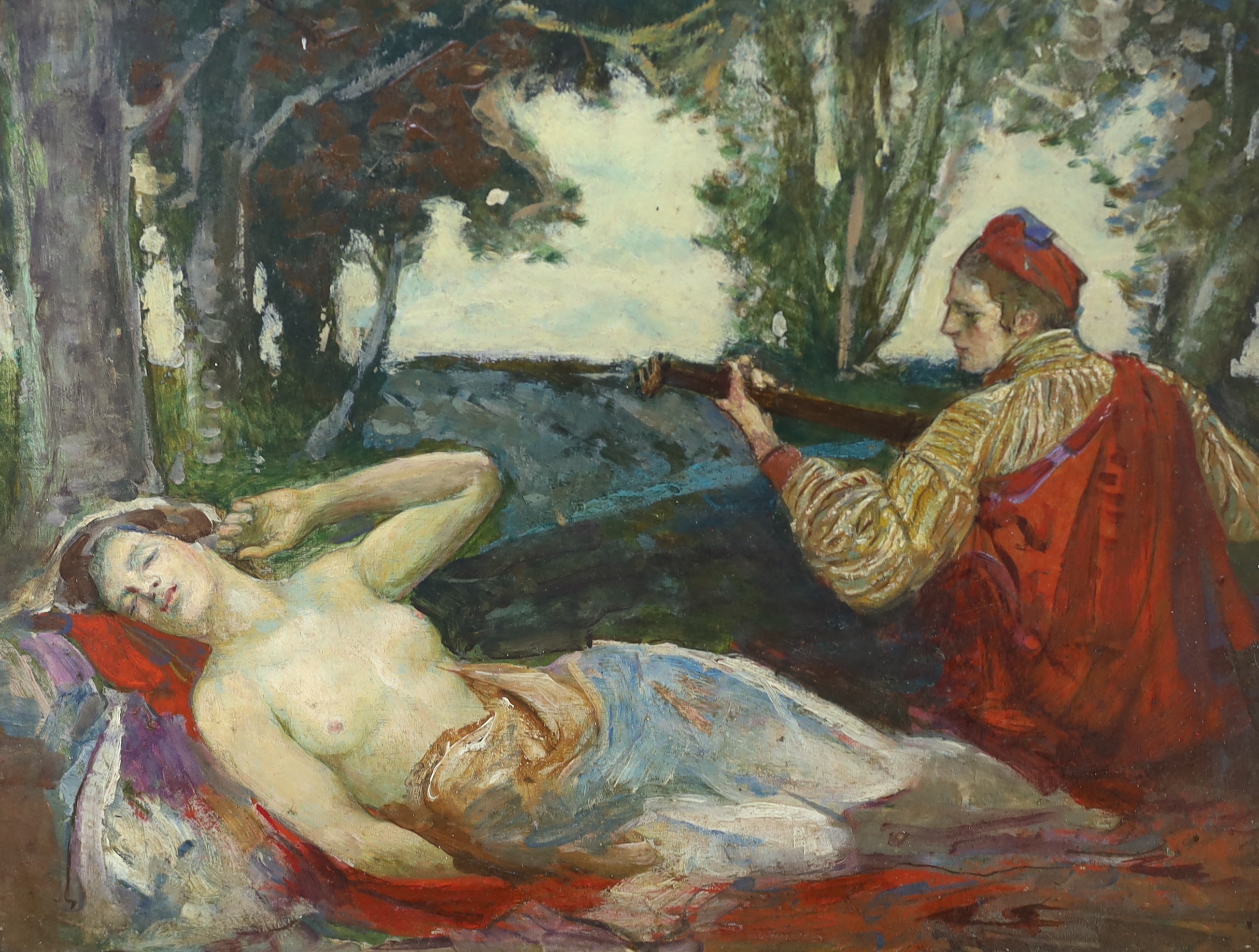 John Henry Amshewitz (SA 1882-1942), oil on wooden panel, Reclining nude and troubadour, signed verso, 26 x 34cm